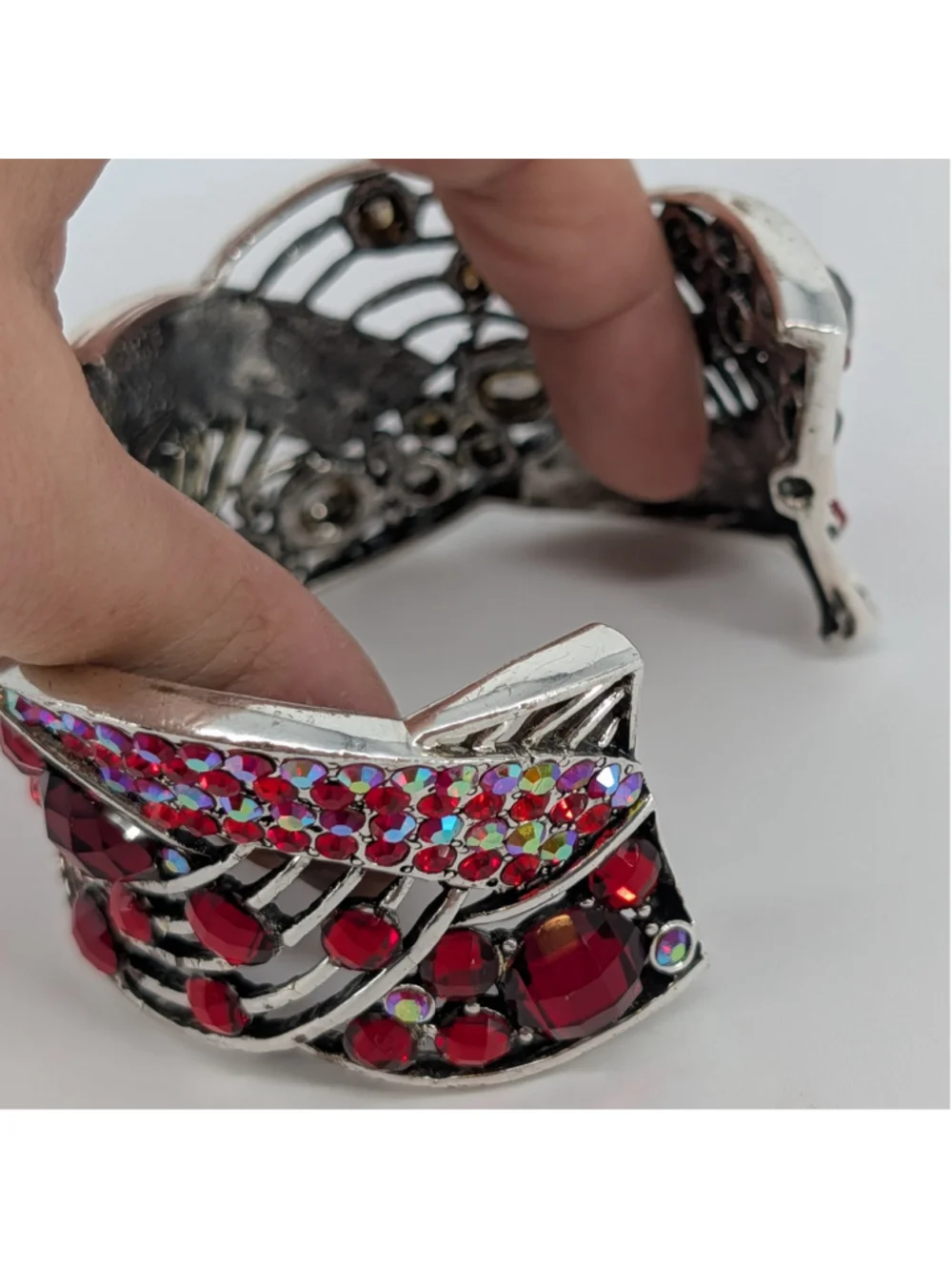 Red Rhinestone Wide Cuff Bracelet Silver Tone AB Crystal Y2K Glam Statement